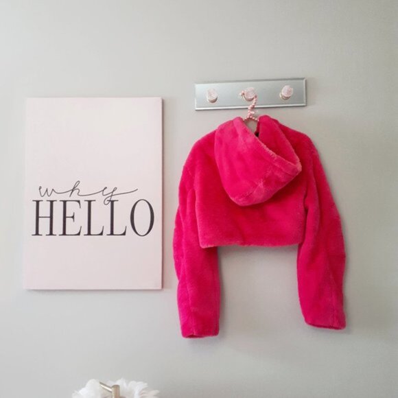 *SOLD* NWOT Bershka fuchsia pink faux fur hooded cropped teddy jacket, S - Picture 7 of 13